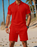 Conjunto Masculino Praia Desporto - Camisa Botões e Calções Elástico Cordão