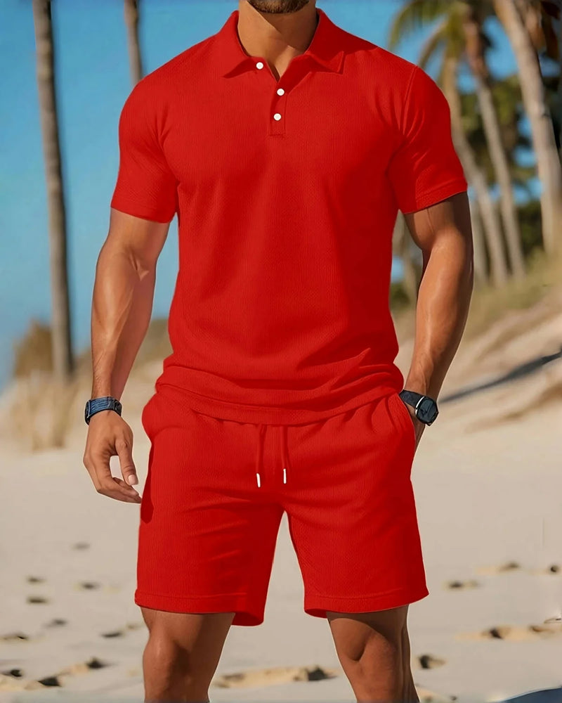 Conjunto Masculino Praia Desporto - Camisa Botões e Calções Elástico Cordão