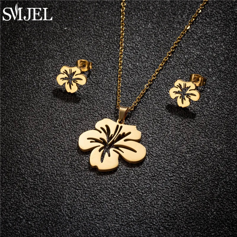 Conjunto Joias Aço Inoxidável - Colares Brincos Flores Bohemia para Homens e Mulheres