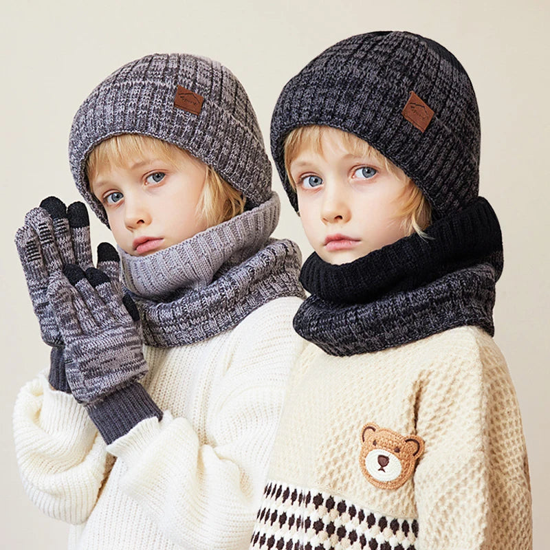 2/3Pcs Kids Knitted Hat Set Plush Lining Winter Children Beanie Hat Scarf Gloves Suit Child Hat Kids Cap for Boys Gift 4-10Y