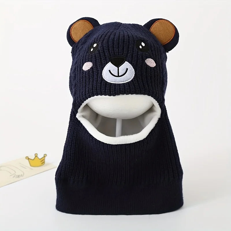 1pc Winter Cartoon Animal Knit Hat with Ear Flaps for Boys, Polyester Thermal Lined Hood, Christmas Outdoor Hiking Warm Cap