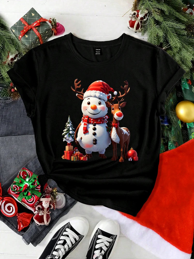 T-Shirt Natal Feminina Cartoon - Boneco Neve Rena Árvore Manga Curta Casual