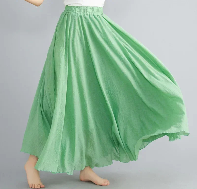 Saia Maxi Algodão Linho Cor Sólida - Casual Elegante Harajuku Longa