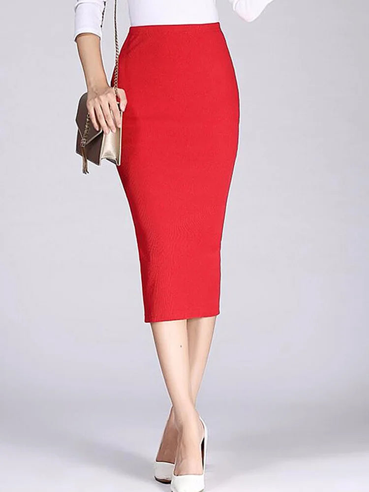 Saia Lápis Longa Primavera Outono - Sexy Slim Ajustada Lã Canelada Midi