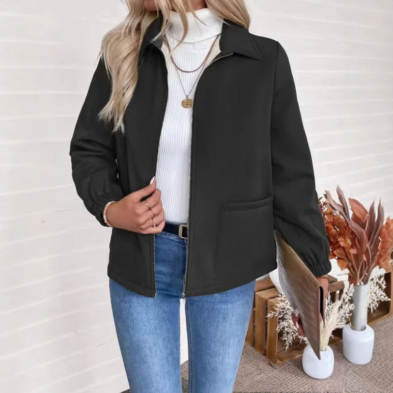 Casaco Baseball Feminino Elegante - Fecho Éclair Bolsos Outono Inverno