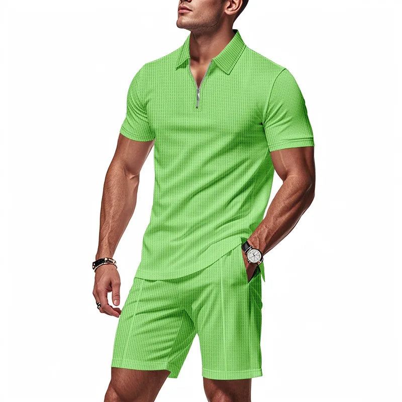 Conjunto Masculino Waffle Americano - Fecho Manga Curta e Calções Verão