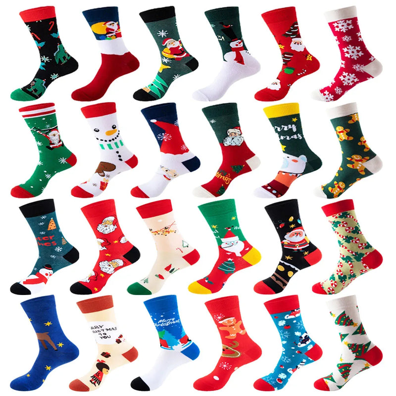 Meias Natal Unissexo Pack 3/6/8/12 Pares - Pai Natal Flocos Neve Presente