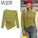 Top Feminino Assimétrico Ombro Descoberto - Franzido Casual Manga Comprida Primavera