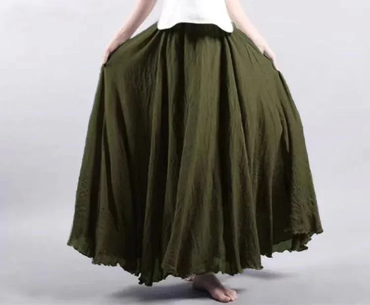Saia Maxi Algodão Linho Cor Sólida - Casual Elegante Harajuku Longa