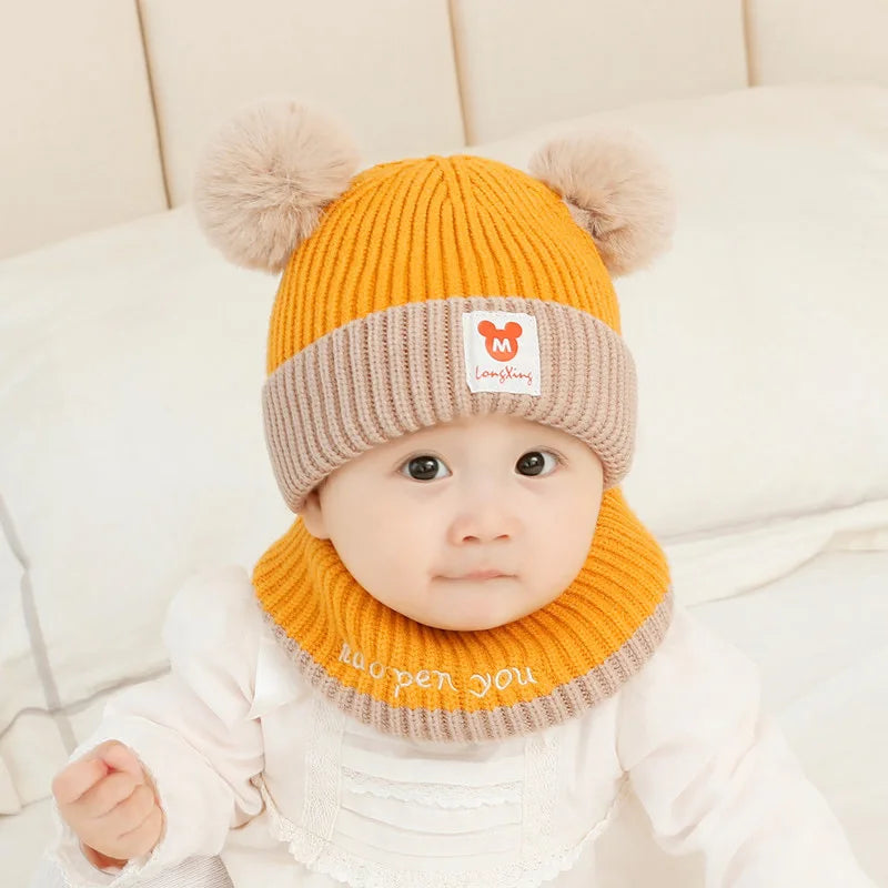 1Set Baby Hat Scarf Set Bear Warm Knitted Children Winter Hat Cap Bonnet Infant Toddler Kids Hat Boys Girls Crochet Beanie