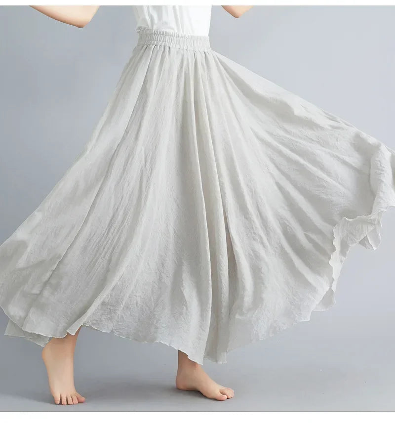 Saia Maxi Algodão Linho Cor Sólida - Casual Elegante Harajuku Longa
