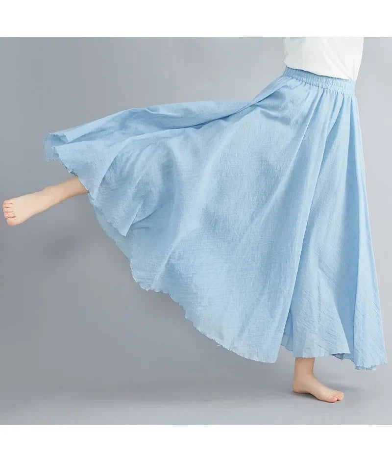 Saia Maxi Algodão Linho Cor Sólida - Casual Elegante Harajuku Longa