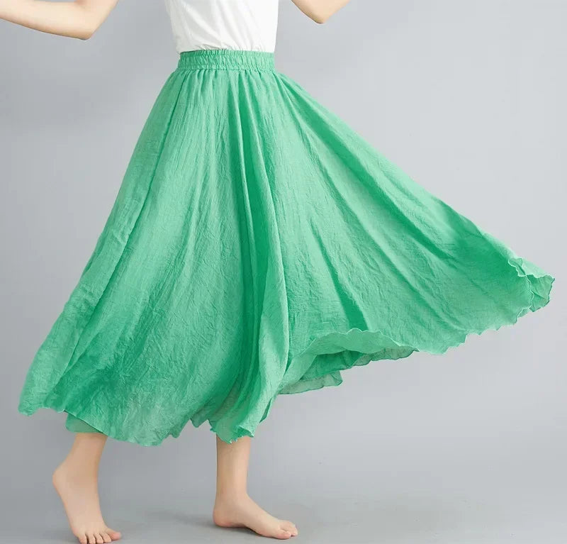 Saia Maxi Algodão Linho Cor Sólida - Casual Elegante Harajuku Longa