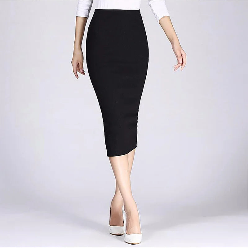 Saia Lápis Longa Primavera Outono - Sexy Slim Ajustada Lã Canelada Midi