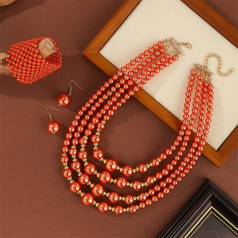Conjunto Joias Pérolas 4 Camadas - Colar Brincos Pulseira Artesanal Presente