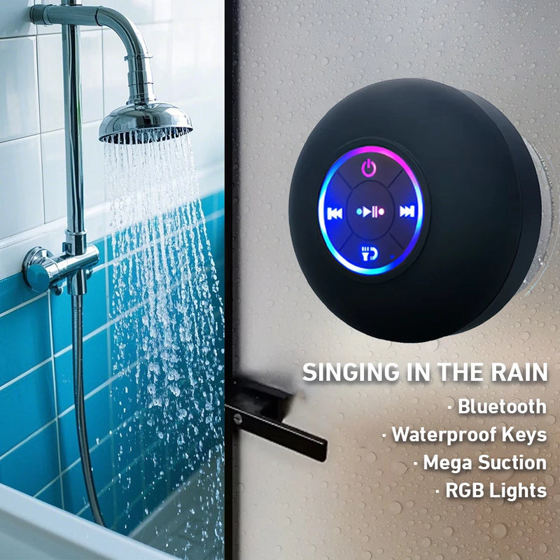 Coluna Bluetooth Mini À Prova de Água - Luzes LED Coloridas Ventosa Suporte Telemóvel