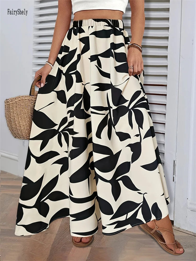 Saia Longa Estampado Folhas Casual 2025 - Cintura Alta Plissada Elegante