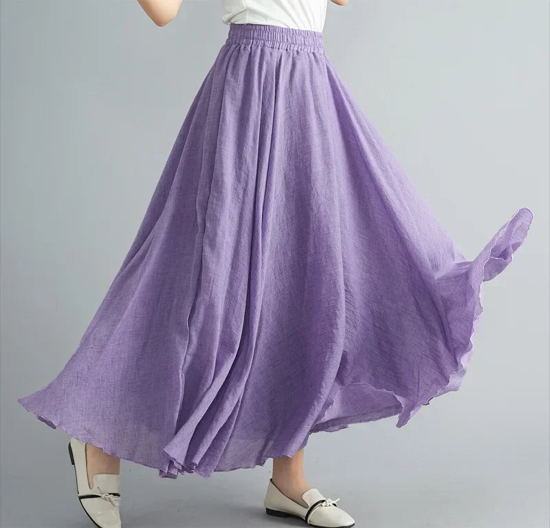 Saia Maxi Algodão Linho Cor Sólida - Casual Elegante Harajuku Longa