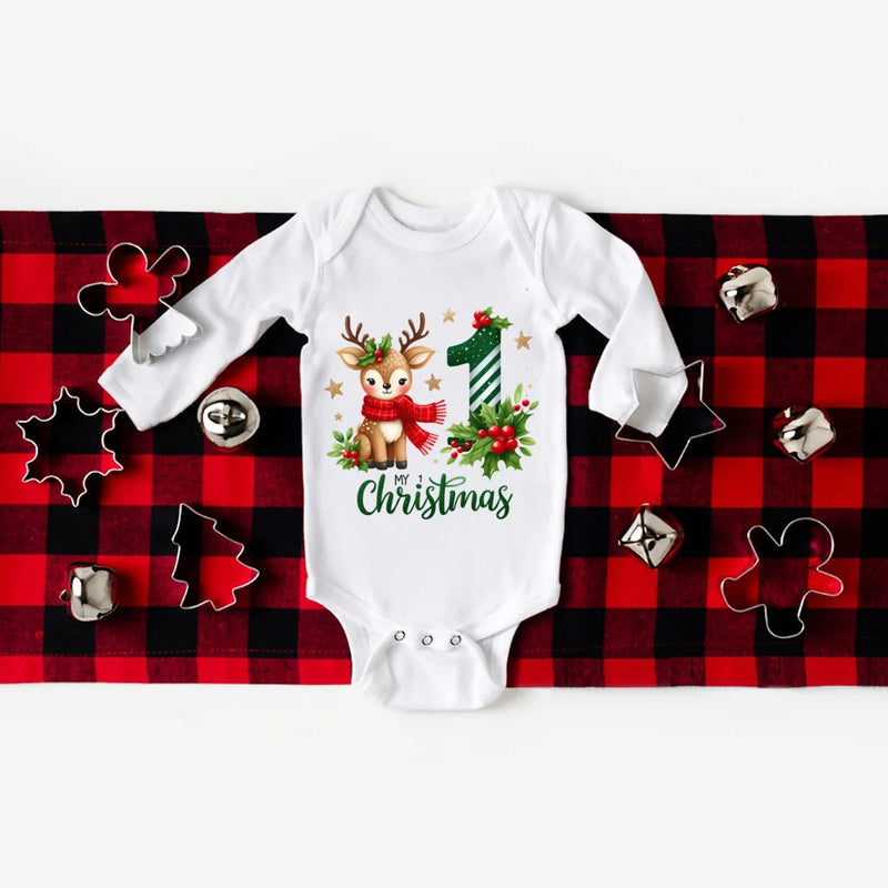 Body Bebé Primeiro Natal - My 1st Christmas Manga Comprida Romper Xmas