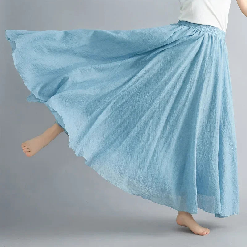 Saia Maxi Algodão Linho Cor Sólida - Casual Elegante Harajuku Longa