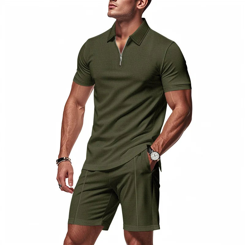 Conjunto Masculino Waffle Americano - Fecho Manga Curta e Calções Verão