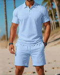 Conjunto Masculino Praia Desporto - Camisa Botões e Calções Elástico Cordão
