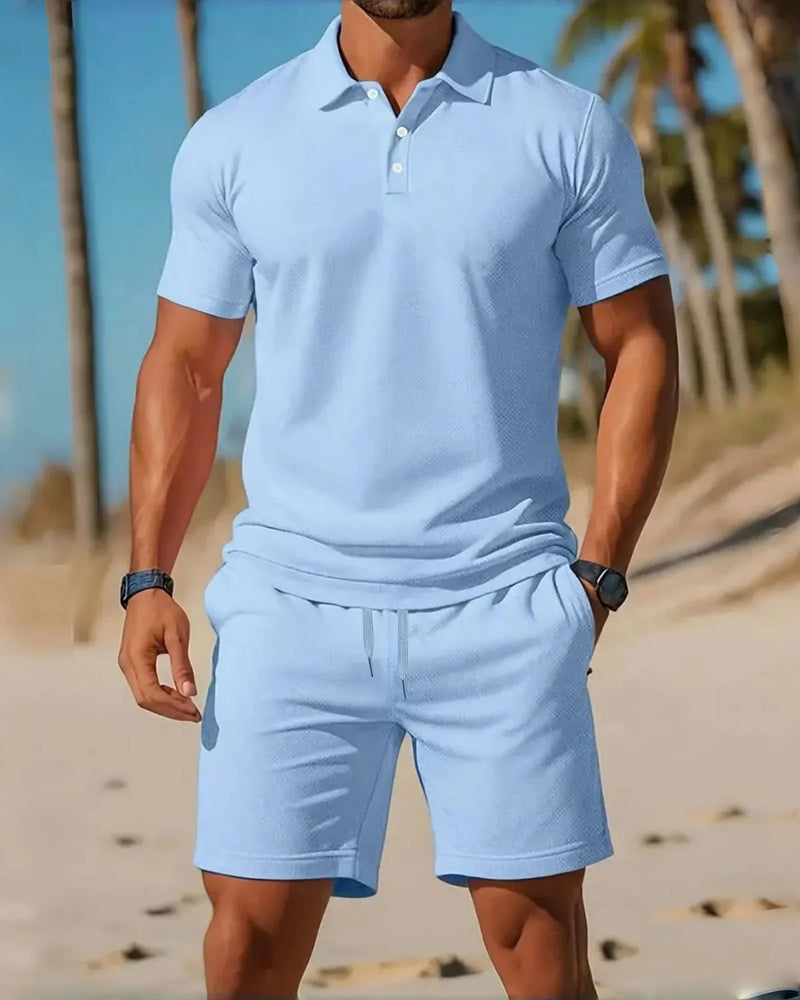 Conjunto Masculino Praia Desporto - Camisa Botões e Calções Elástico Cordão