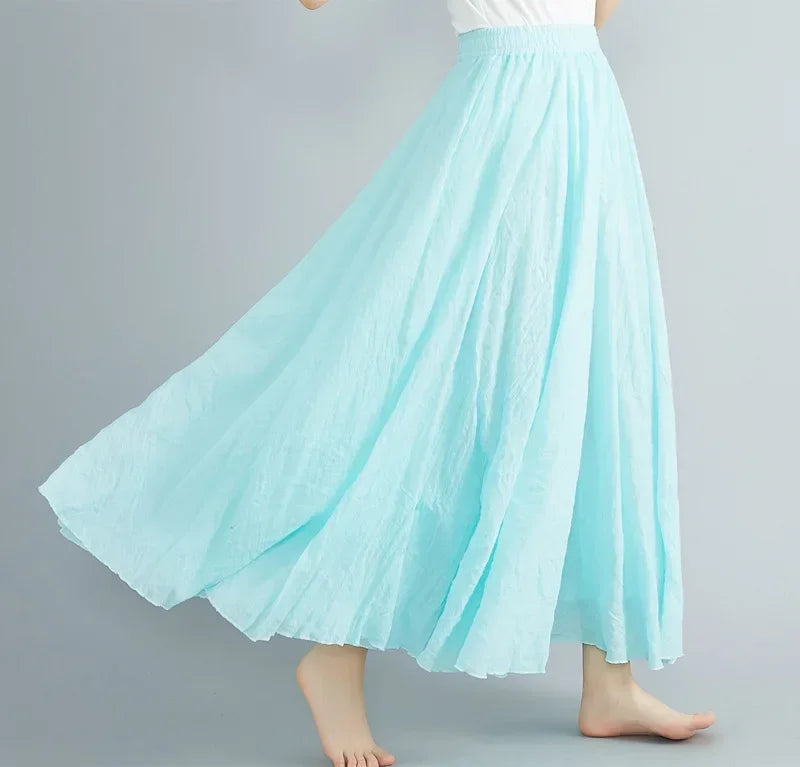 Saia Maxi Algodão Linho Cor Sólida - Casual Elegante Harajuku Longa