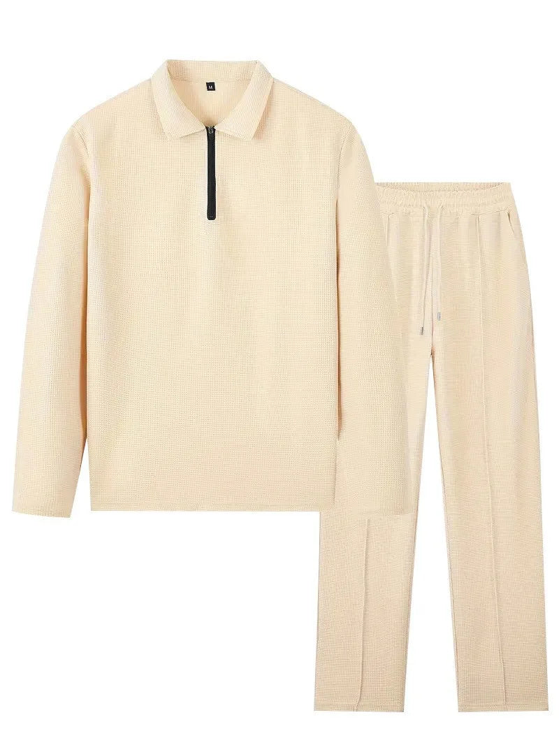Conjunto Waffle Knit Masculino - Polo e Calças Tecido Macio Durável