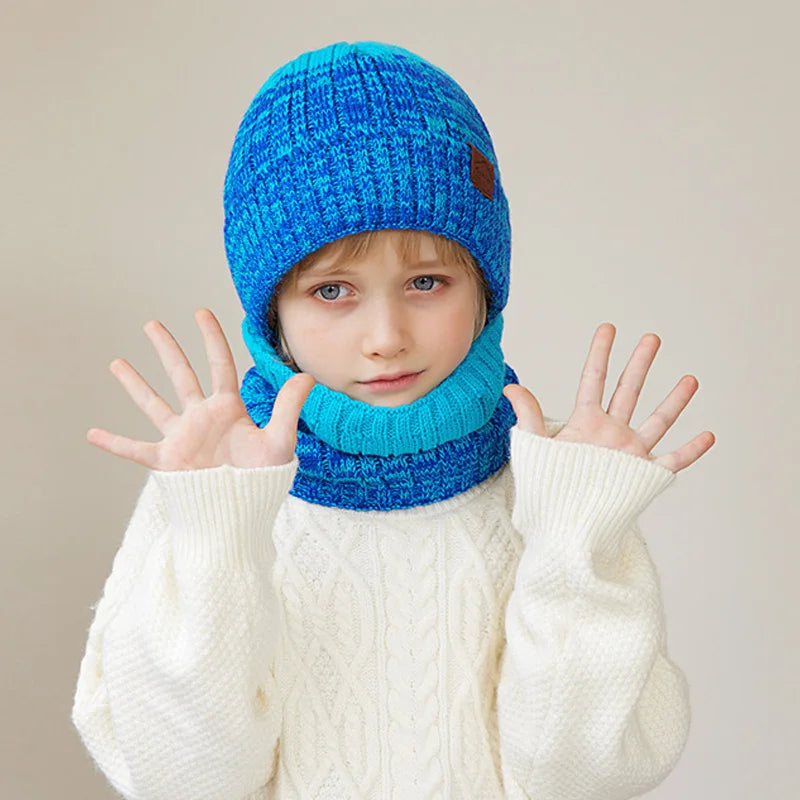 2/3Pcs Kids Knitted Hat Set Plush Lining Winter Children Beanie Hat Scarf Gloves Suit Child Hat Kids Cap for Boys Gift 4-10Y