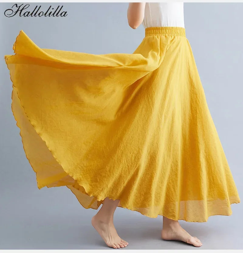 Saia Maxi Algodão Linho Cor Sólida - Casual Elegante Harajuku Longa