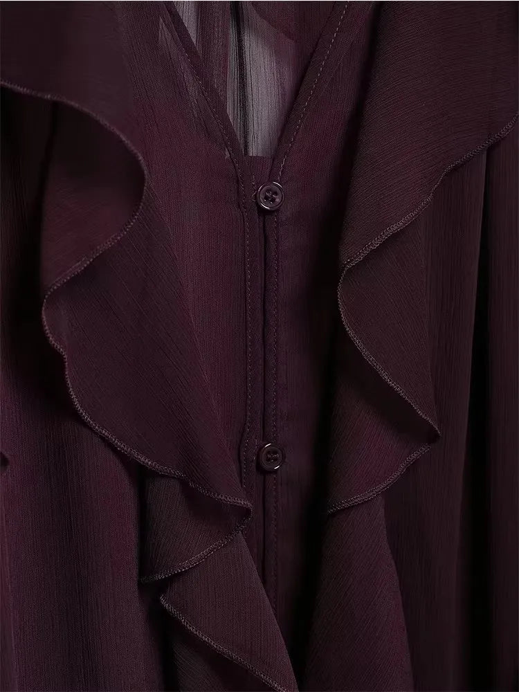 Blusa Feminina Translúcida Folhos Decote V - Elegante Casual Praia 2025