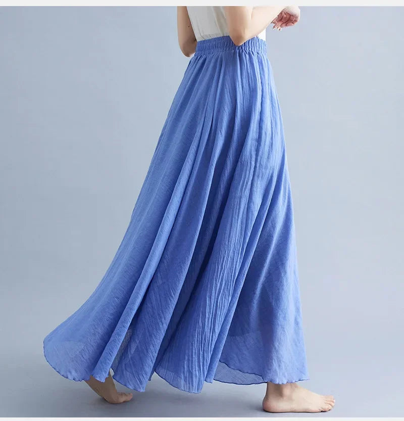 Saia Maxi Algodão Linho Cor Sólida - Casual Elegante Harajuku Longa