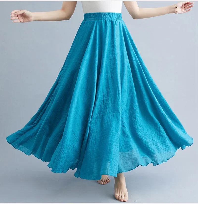 Saia Maxi Algodão Linho Cor Sólida - Casual Elegante Harajuku Longa