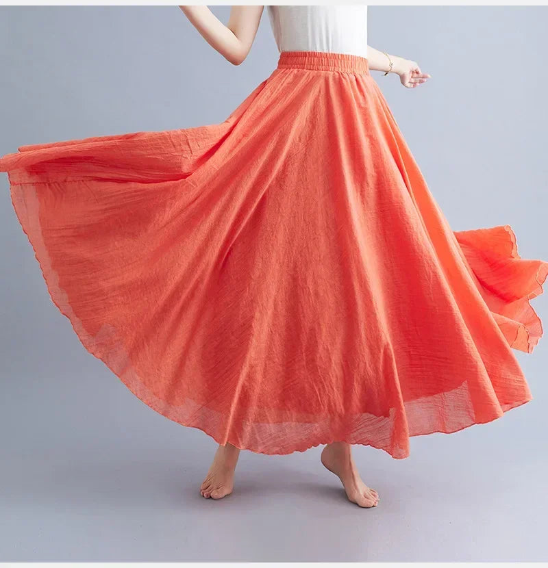 Saia Maxi Algodão Linho Cor Sólida - Casual Elegante Harajuku Longa