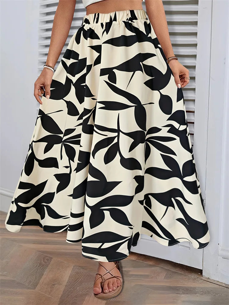 Saia Longa Estampado Folhas Casual 2025 - Cintura Alta Plissada Elegante
