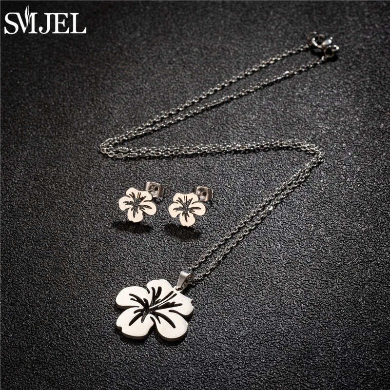 Conjunto Joias Aço Inoxidável - Colares Brincos Flores Bohemia para Homens e Mulheres