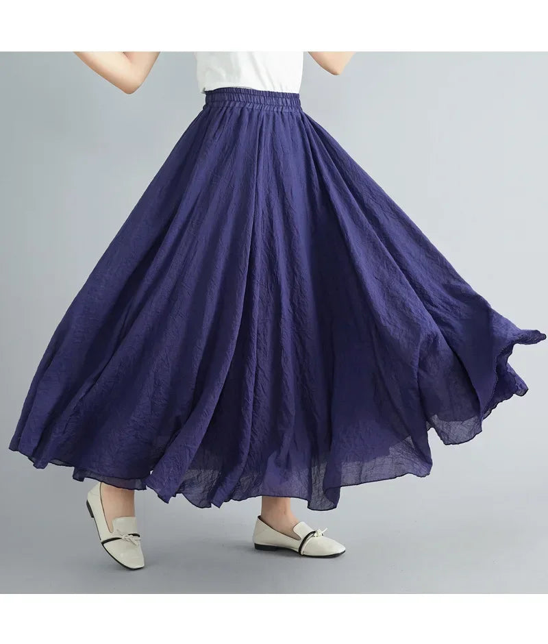 Saia Maxi Algodão Linho Cor Sólida - Casual Elegante Harajuku Longa
