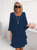 Vestido Festa Manga 3/4 - Saia Camadas Elegante