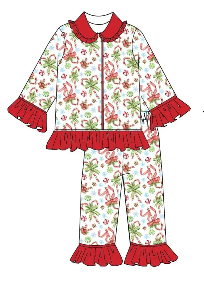 High Quality Christmas Pajama Set Long Sleeve  Santa Claus Bow Print Girls Boys Set Children's Clothes