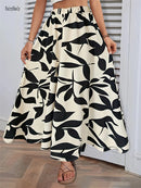 Saia Longa Estampado Folhas Casual 2025 - Cintura Alta Plissada Elegante