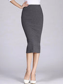 Saia Lápis Longa Primavera Outono - Sexy Slim Ajustada Lã Canelada Midi