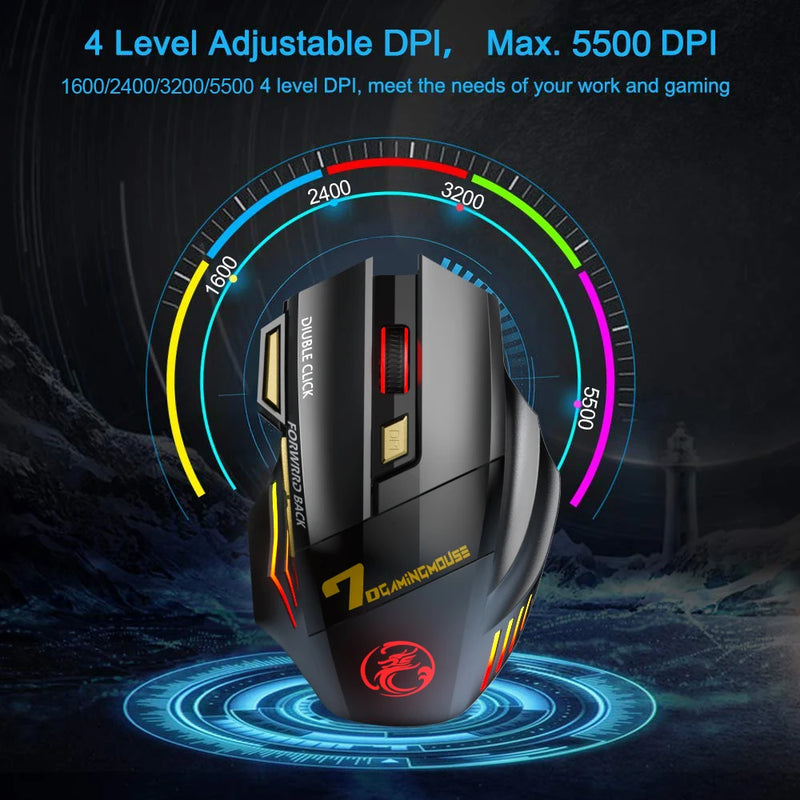 Rato Bluetooth Recarregável Gaming 5500 DPI - Wireless Ergonómico PC Laptop iPad