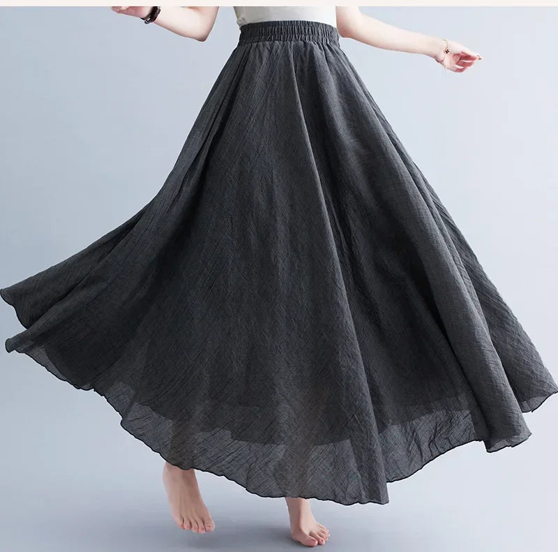 Saia Maxi Algodão Linho Cor Sólida - Casual Elegante Harajuku Longa
