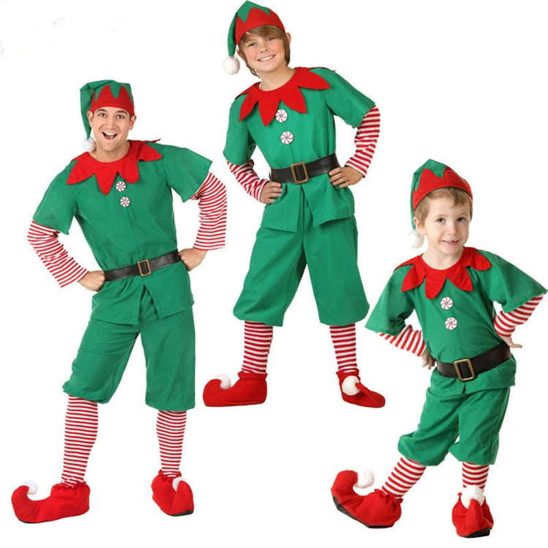 Christmas Family Matching Clothes New Year Christmas Elf Costume Father Mother Kids Clothing Set Boys Tops Pants Hat Belt Outfit