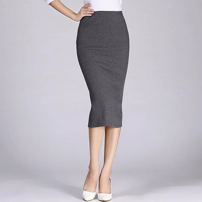 Saia Lápis Longa Primavera Outono - Sexy Slim Ajustada Lã Canelada Midi