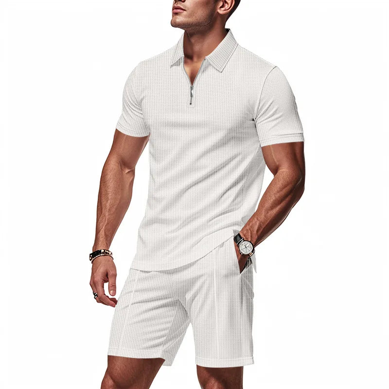 Conjunto Masculino Waffle Americano - Fecho Manga Curta e Calções Verão