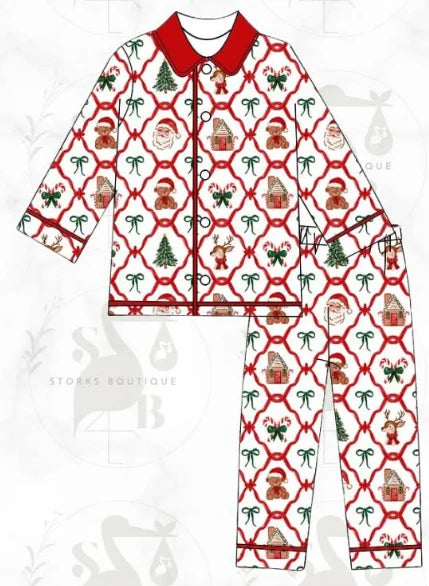 High Quality Christmas Pajama Set Long Sleeve  Santa Claus Bow Print Girls Boys Set Children's Clothes