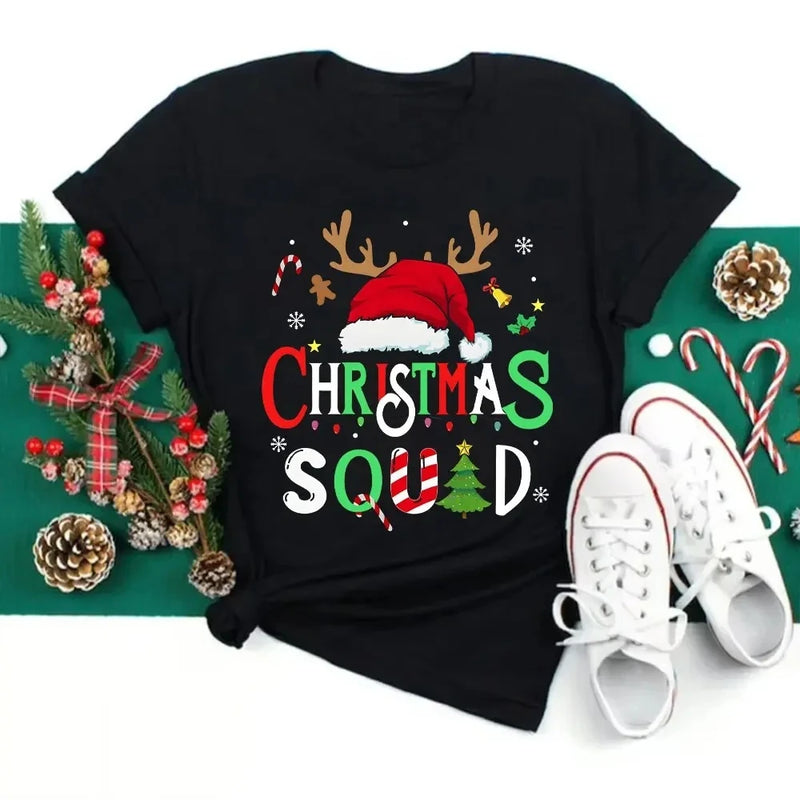 T-Shirt Natal Feminina Merry Christmas - Gorro Renas Manga Curta Branca Casual