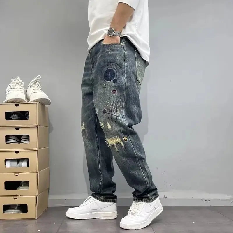 Jeans Masculinas Perna Larga Rasgadas - Estilo Americano Vintage Lavadas